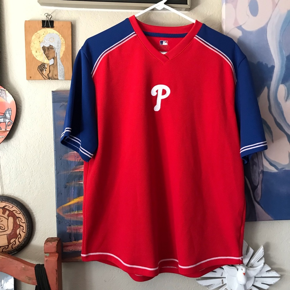 MLB PHILADELPHIA PHILLIES RED WHITE AND BLUE FAN JERSEY TOP MENS SIZE LARGE